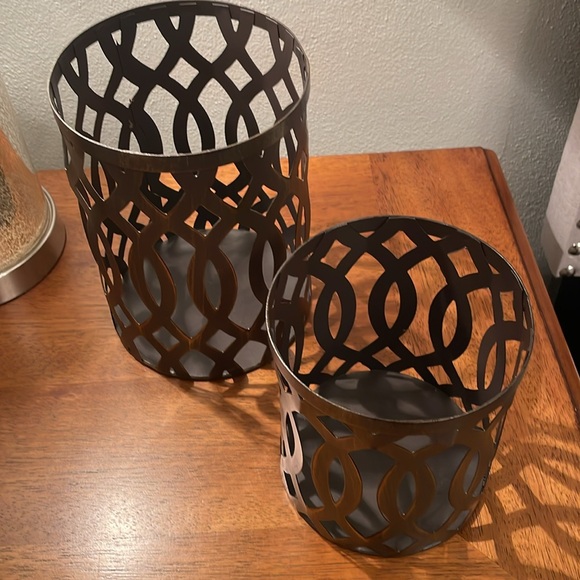 Set of 2 Round Bronze Color Metal Cut Out Lanterns Hurricane Candle Holders - Picture 3 of 10